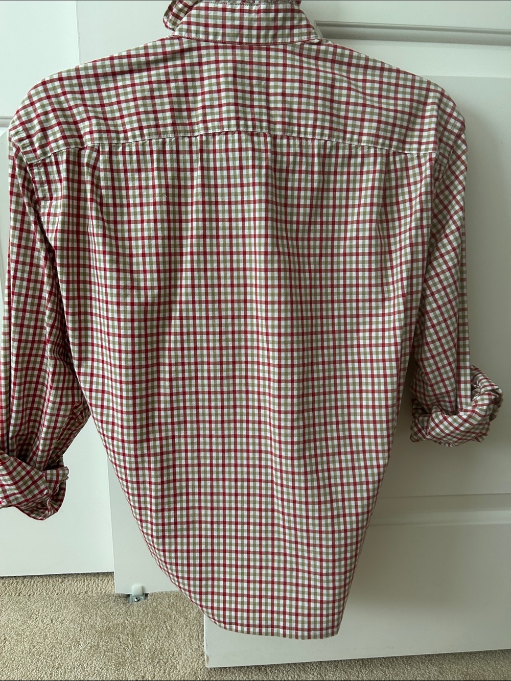 J. Crew Red and White Plaid Button-Down Shirt with Ruffled Collar - Picture 3 of 3